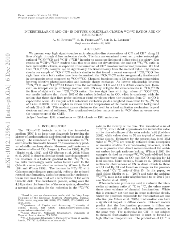 (PDF) Interstellar CN and CH + in Diffuse Molecular Clouds: 12 C/ 13 C ...