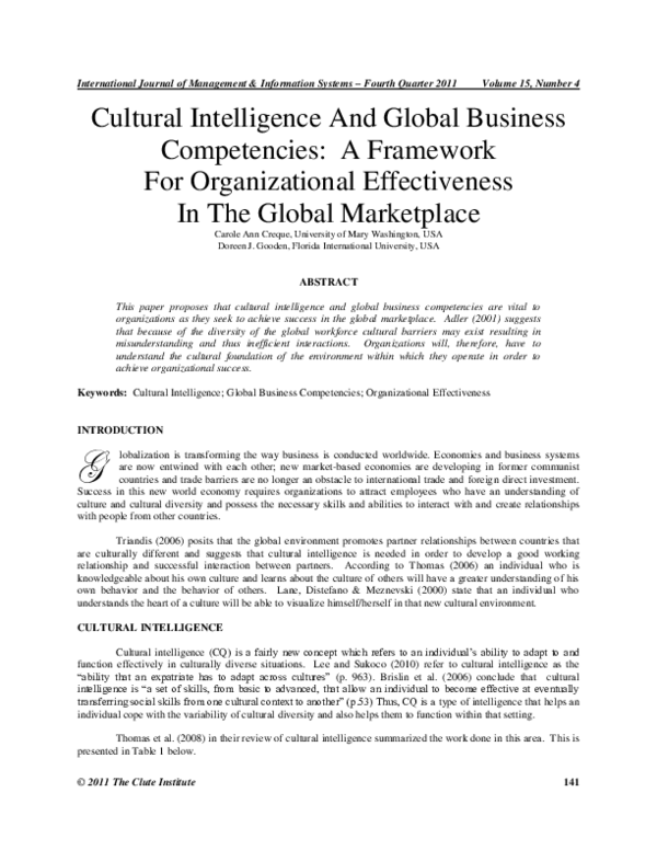(PDF) Cultural Intelligence And Global Business Competencies: A ...