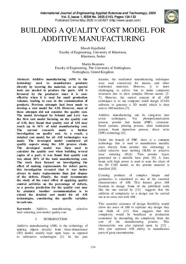 (PDF) Building a Quality Cost Model for Additive Manufacturing