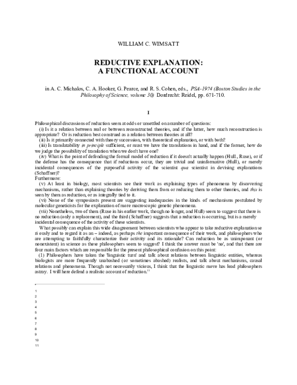 (PDF) Reductive Explanation: A Functional Account