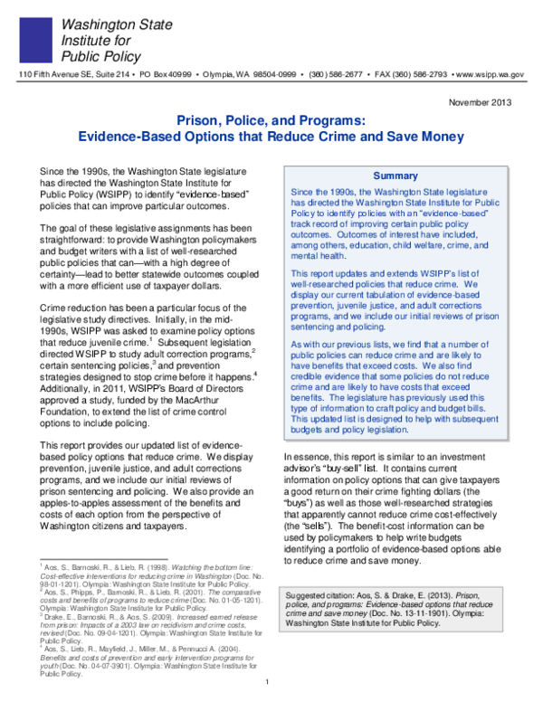 (PDF) Prison, Police, and Programs: Evidence-Based Options that Reduce ...