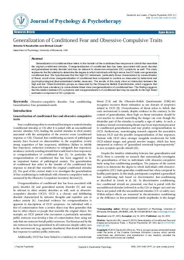 (PDF) Generalization of Conditioned Fear and Obsessive-Compulsive Traits