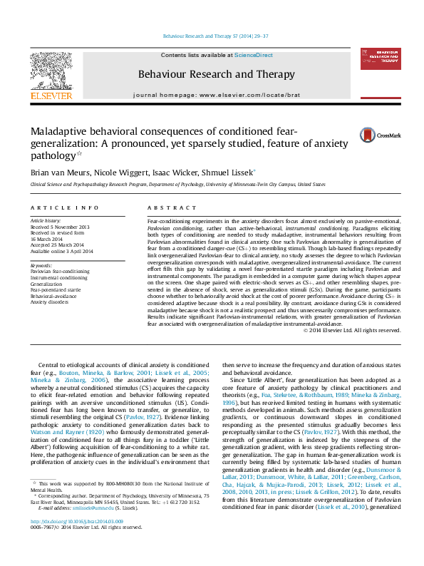 (PDF) Maladaptive behavioral consequences of conditioned fear ...