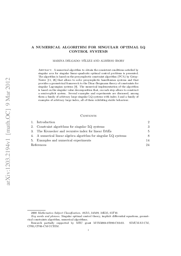 (PDF) A numerical algorithm for singular optimal LQ control systems