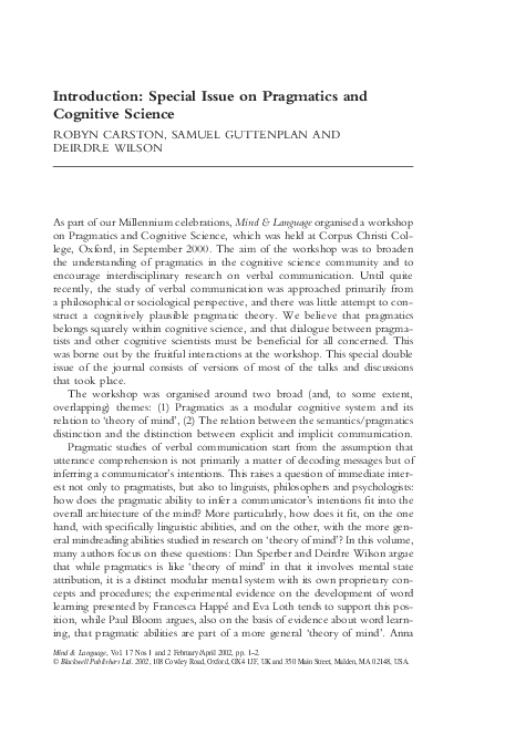 (PDF) Introduction: Special Issue on Pragmatics and Cognitive Science
