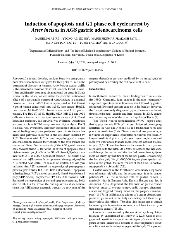 (PDF) Induction of apoptosis and G1 phase cell cycle arrest by Aster ...