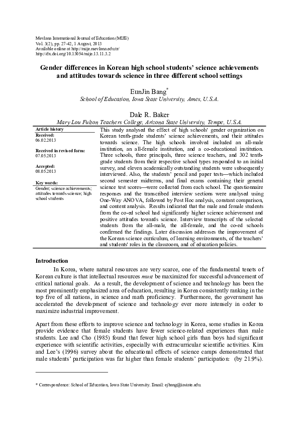 (PDF) Gender differences in Korean high school students’ science ...