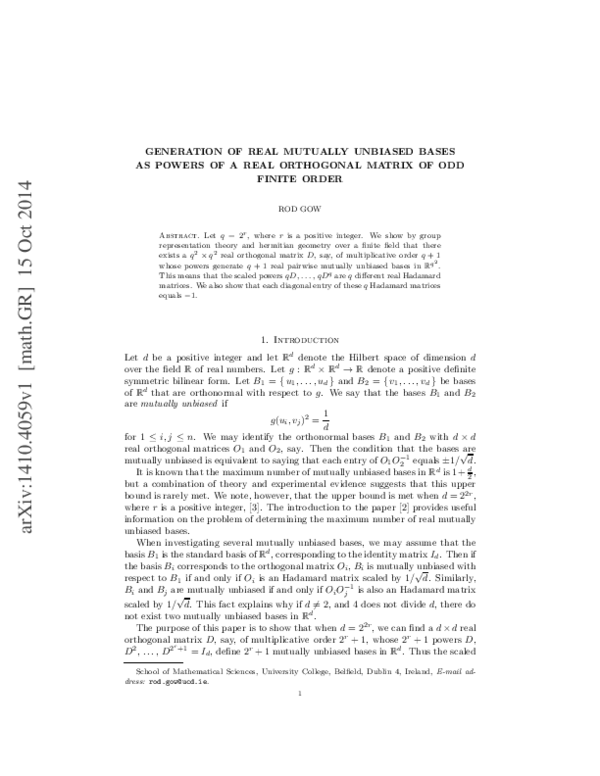 (PDF) Generation of real mutually unbiased bases as powers of a real ...