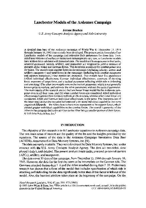 (PDF) Lanchester models of the ardennes campaign