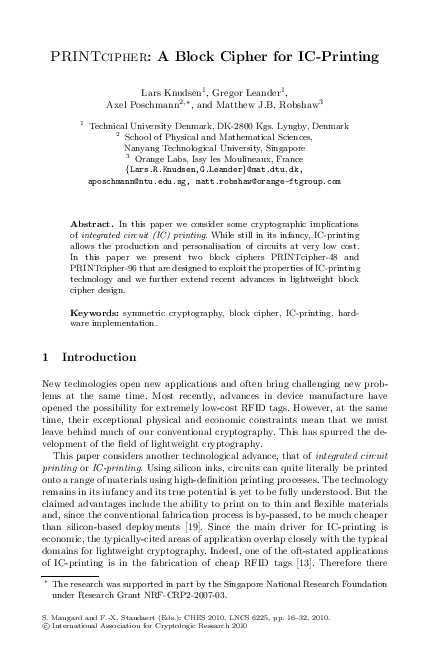 (PDF) PRINTcipher: A Block Cipher for IC-Printing