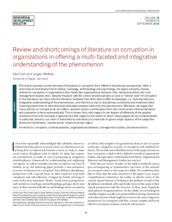 Review and shortcomings of literature on corruption in organizations in offering a multi-faceted and integrative understanding of the phenomenon