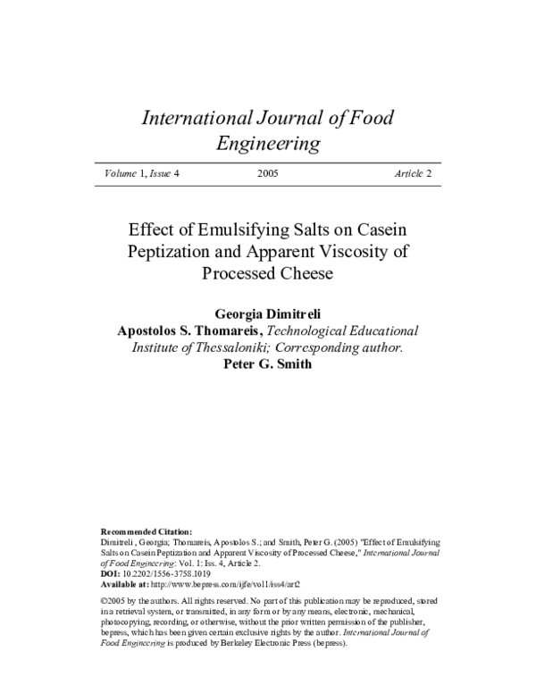 (PDF) Effect of Emulsifying Salts on Casein Peptization and Apparent