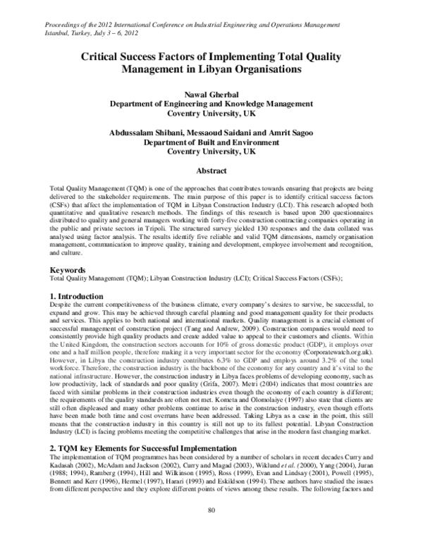 (PDF) Critical Success Factors of Implementing Total Quality Management ...