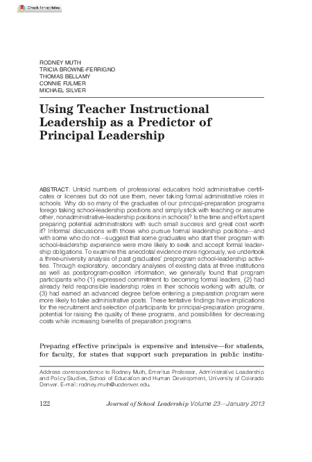 (PDF) Using Teacher Instructional Leadership as a Predictor of ...