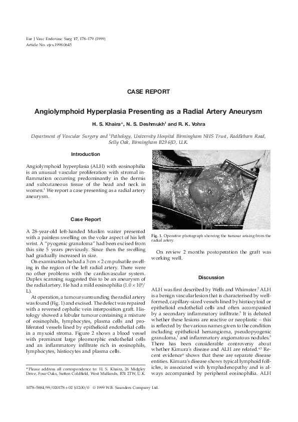 (PDF) Angiolymphoid Hyperplasia Presenting as a Radial Artery Aneurysm