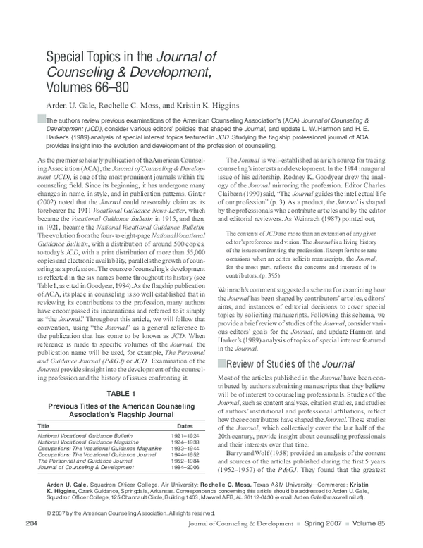 (PDF) Special Topics in the Journal of Counseling Development