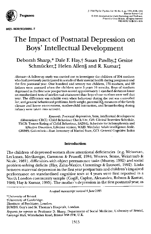 (PDF) The Impact of Postnatal Depression on Boys' Intellectual Development