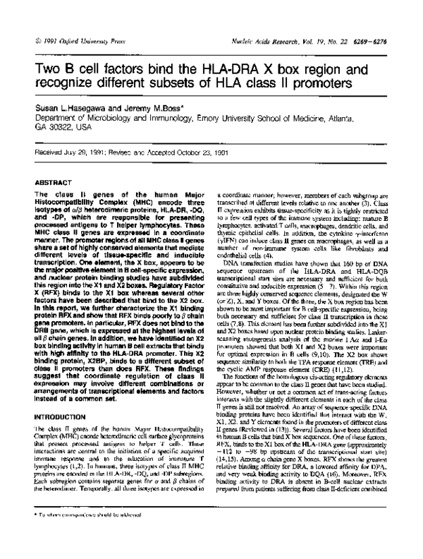 (PDF) Two B cell factors bind the HLA-DRA X box region and recognize ...