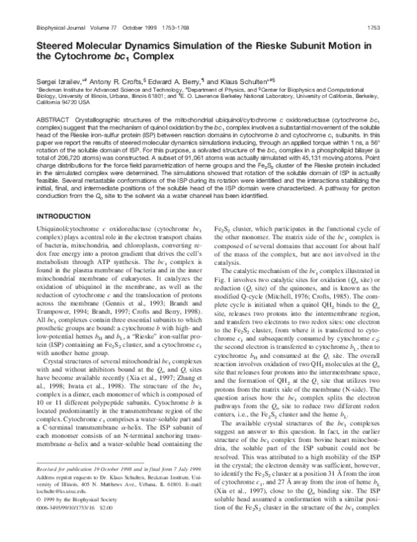(PDF) Steered Molecular Dynamics Simulation of the Rieske Subunit ...