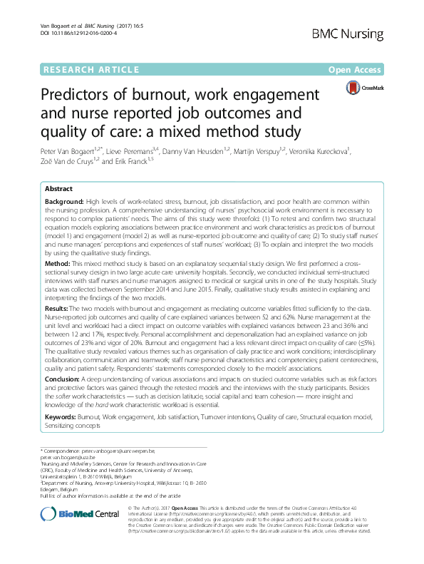 (PDF) Predictors of burnout, work engagement and nurse reported job ...
