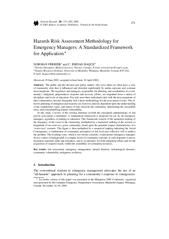 (PDF) Hazards Risk Assessment Methodology for Emergency Managers: A ...