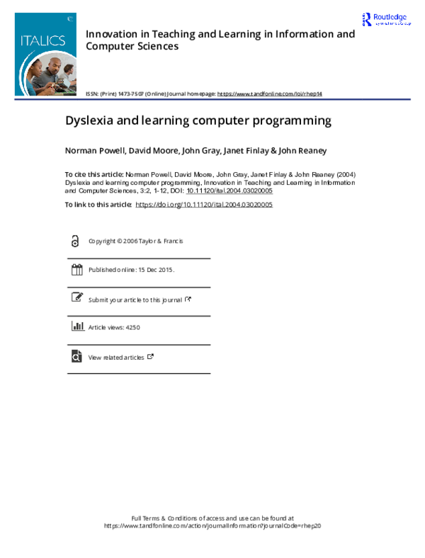 PDF) Dyslexia and learning computer programming
