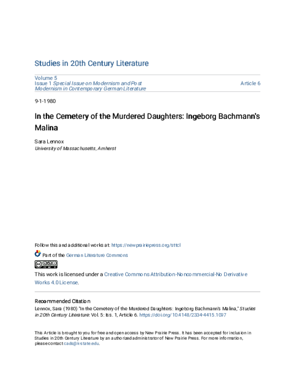 (PDF) In the Cemetery of the Murdered Daughters Bachmann's Malina Sara Lennox