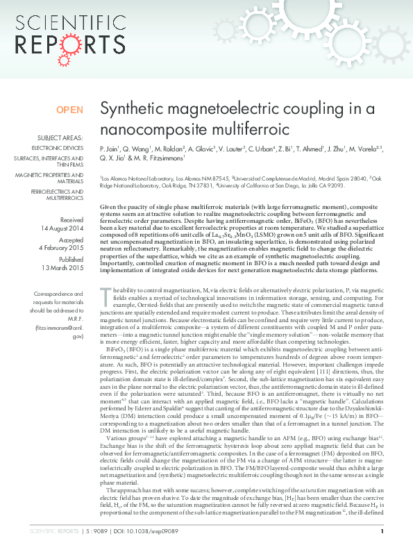 (PDF) Synthetic magnetoelectric coupling in a nanocomposite multiferroic