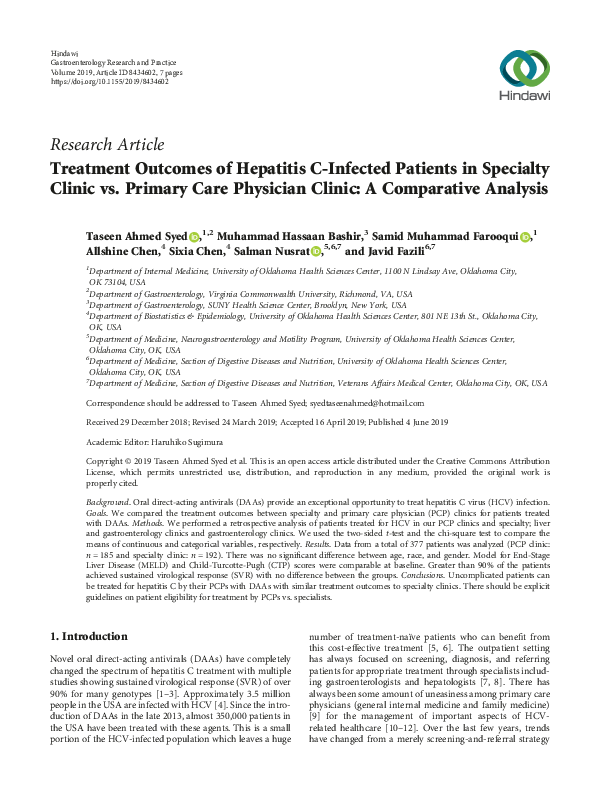 (PDF) Treatment Outcomes of Hepatitis C-Infected Patients in Specialty ...