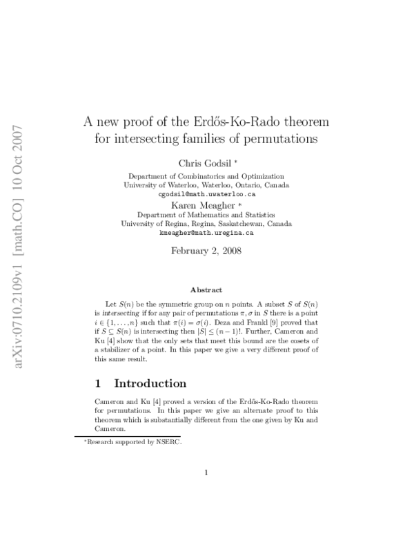 (PDF) A new proof of the Erd\H{o}s-Ko-Rado theorem for intersecting ...