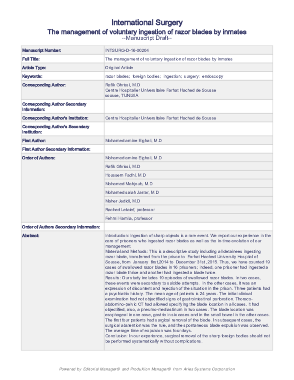 (PDF) The management of voluntary ingestion of razor blades by inmates