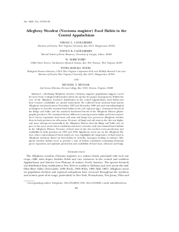 (PDF) Allegheny Woodrat (Neotoma magister) Food Habits in the Central ...