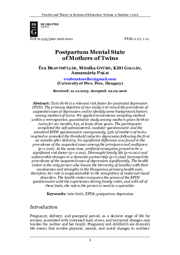 (PDF) Postpartum Mental State of Mothers of Twins