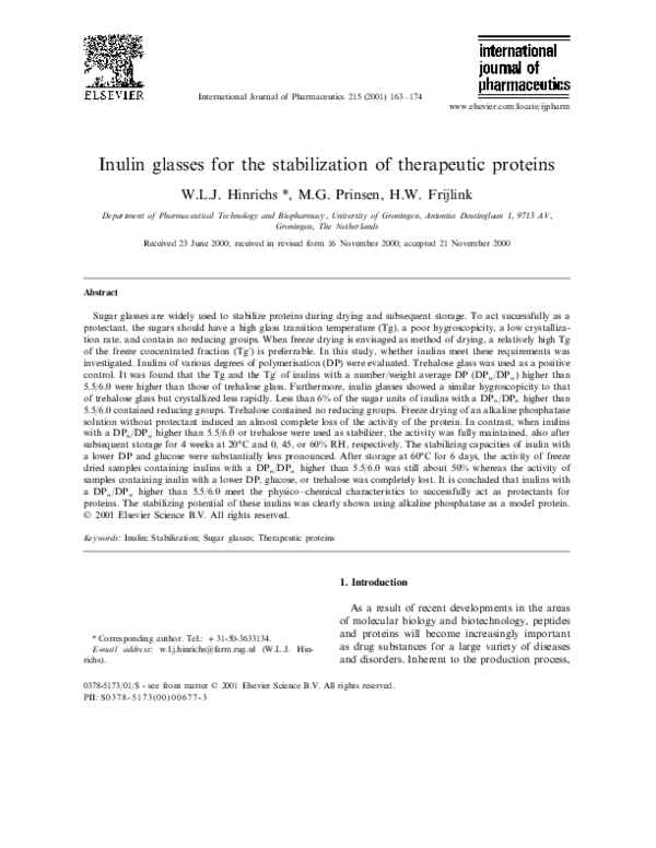(PDF) Inulin glasses for the stabilization of therapeutic proteins