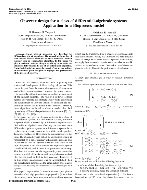 (PDF) Observer Design for a Class of Differential-Algebraic Systems ...
