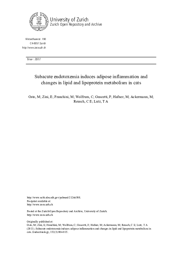 (PDF) Endotoxemia Triggers Lipid Metabolism Changes and Inflammation in ...