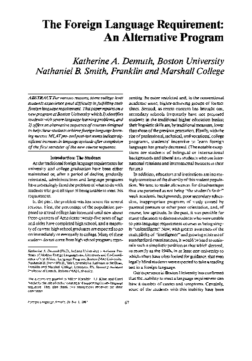 (PDF) The Foreign Language Requirement: An Alternative Program