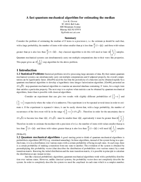 (PDF) A fast quantum mechanical algorithm for estimating the median