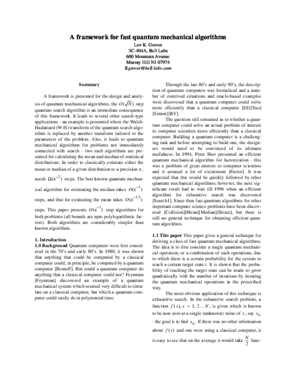 (PDF) A framework for fast quantum mechanical algorithms | Lov Grover ...