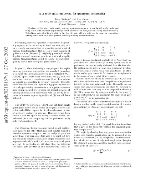 (PDF) A 2 rebit gate universal for quantum computing