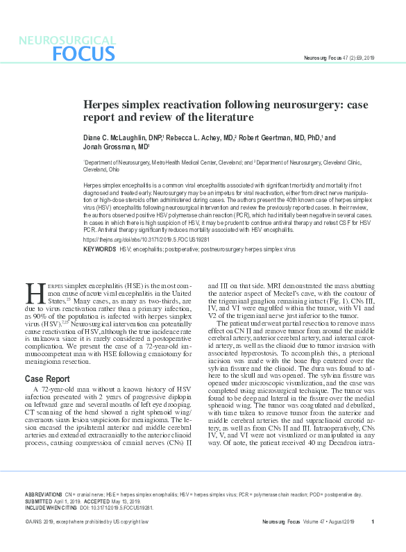 (PDF) Herpes simplex reactivation following neurosurgery case report