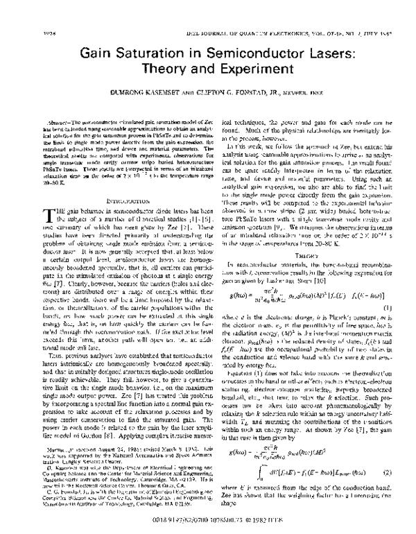 (PDF) Gain saturation in semiconductor lasers: Theory and experiment