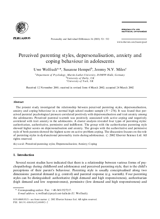 (PDF) Perceived parenting styles, depersonalisation, anxiety and coping ...