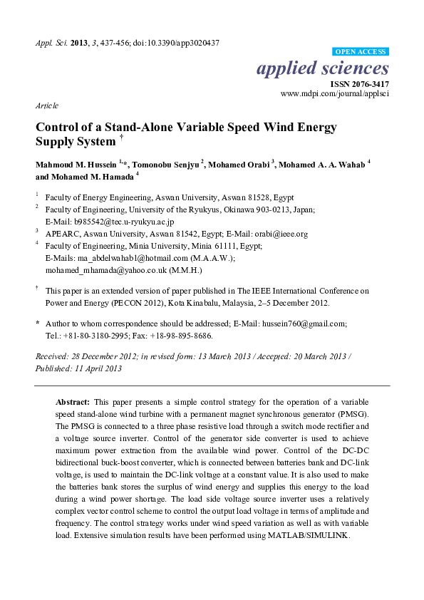 (PDF) Control of a Stand-Alone Variable Speed Wind Energy Supply System
