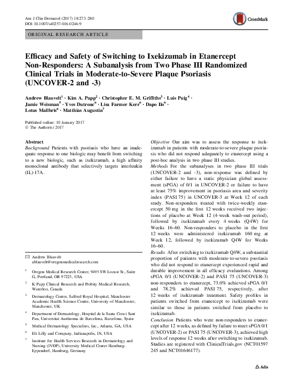 (PDF) Efficacy and Safety of Switching to Ixekizumab in Etanercept Non ...