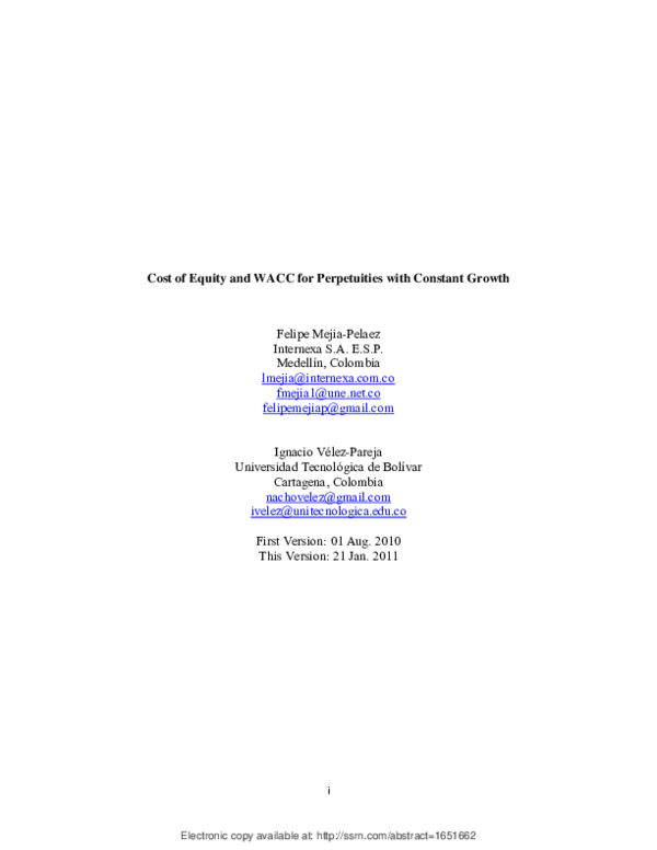 (PDF) Cost of Equity and WACC for Growing Perpetuities