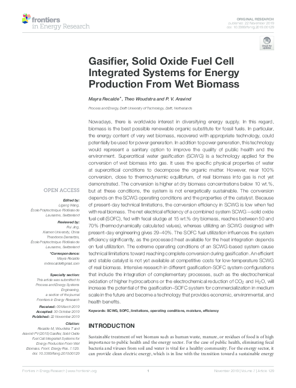 (PDF) Gasifier, Solid Oxide Fuel Cell Integrated Systems for Energy ...