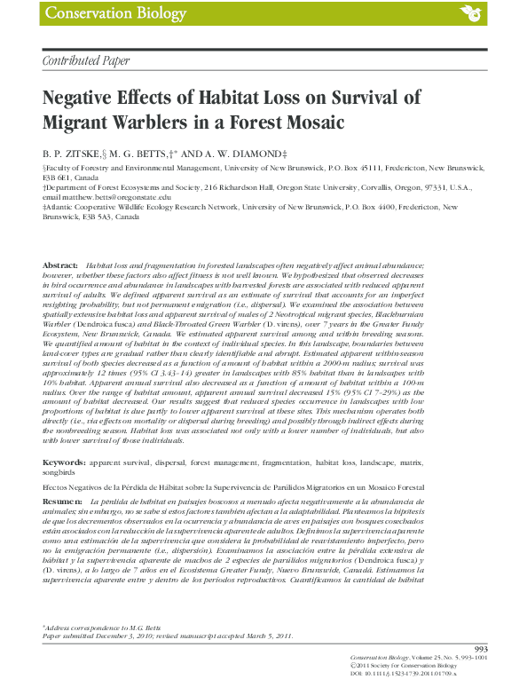 (PDF) Negative Effects of Habitat Loss on Survival of Migrant Warblers ...