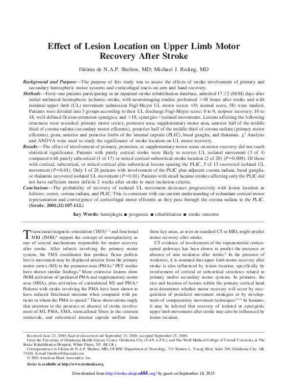 (PDF) Effect of Lesion Location on Upper Limb Motor Recovery After Stroke