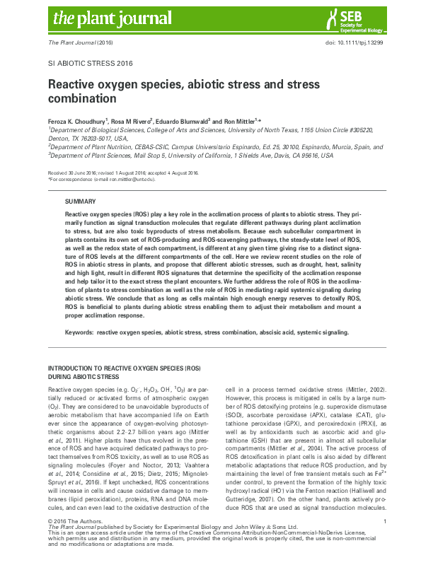 (PDF) Reactive oxygen species, abiotic stress and stress combination